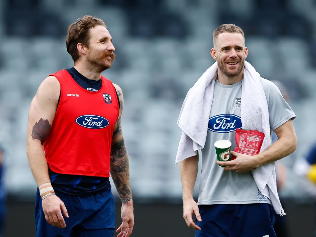 Zach Tuohy and Cam Guthrie at training. Picture: Dylan Burns/AFL Photos via Getty Images