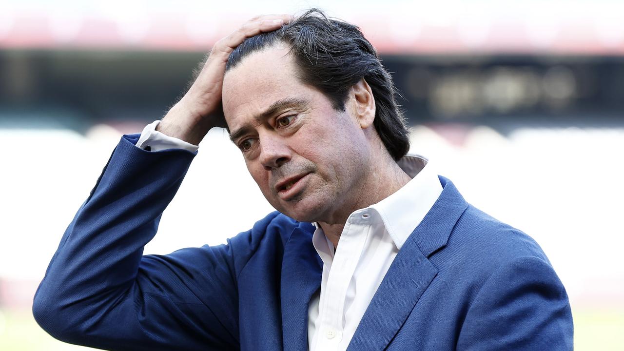 MELBOURNE, AUSTRALIA - SEPTEMBER 22: AFL CEO Gillon McLachlan speaks to the media during the AFL Grand Final entertainment media opportunity at Melbourne Cricket Ground on September 22, 2022 in Melbourne, Australia. (Photo by Darrian Traynor/Getty Images)