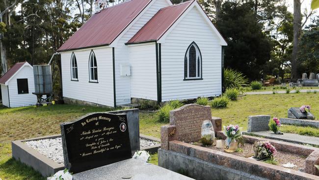 Graves of Port Arthur victims Nicole Burgess, 17, and Elizabeth Howard, 27, are at risk if the Anglican Church sells the St Albans church in Koonya. Picture: MATHEW FARRELL