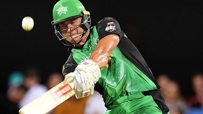 Marcus Stoinis of the Stars hits a six during the Big Bash League (BBL) match between the Brisbane Heat and the Melbourne Stars at The Gabba in Brisbane, Friday, February 8, 2019. (AAP Image/Dave Hunt) NO ARCHIVING, EDITORIAL USE ONLY, IMAGES TO BE USED FOR NEWS REPORTING PURPOSES ONLY, NO COMMERCIAL USE WHATSOEVER, NO USE IN BOOKS WITHOUT PRIOR WRITTEN CONSENT FROM AAP