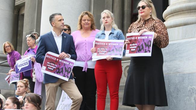 Labor leader Peter Malinauskas with MPs Nat Cook, Lucy Hood and Katrine Hildyard at the Justice4Women SA rally. Picture: Emma Brasier