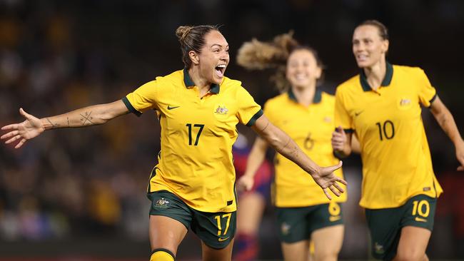 Kyah Simon celebrates her goal against the USA. Picture: Cameron Spencer/Getty Images