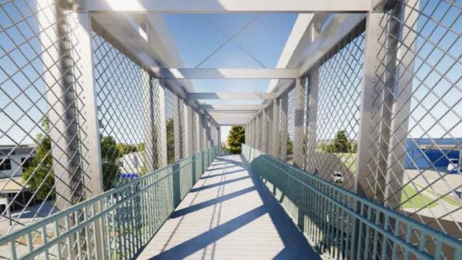 Artist’s impression of a pedestrian bridge over the Princes Highway at Kirrawee. Picture: Supplied