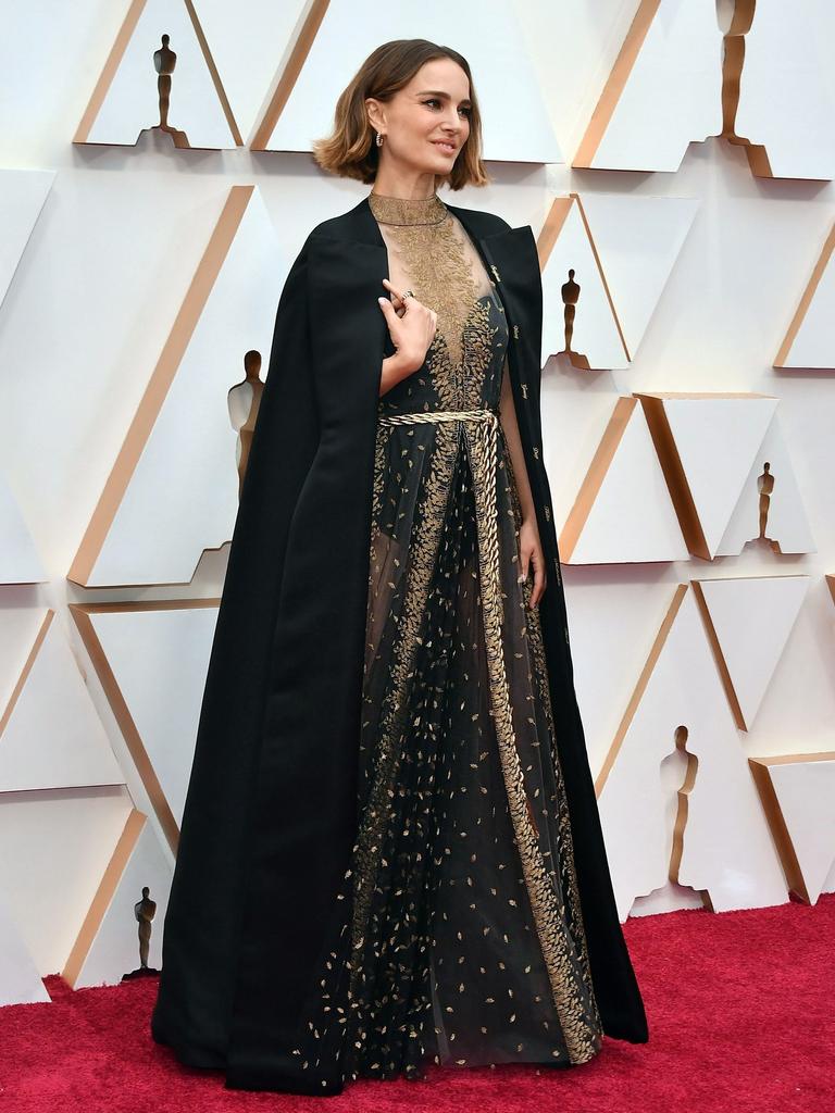 Natalie Portman’s Dior cape, resplendent with the names of top female directors. Picture: AFP