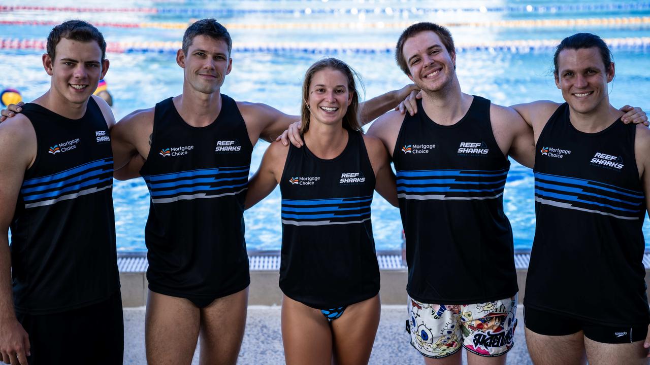 Reef Sharks Team mates Cody Tomkins, Marijn Kerkhoven, Heather Scott, Luke Robinson and Stewart Harris pre training session at the Woree pool in the lead up to the Water Polo Queensland Country Championships. Picture: Emily Barker