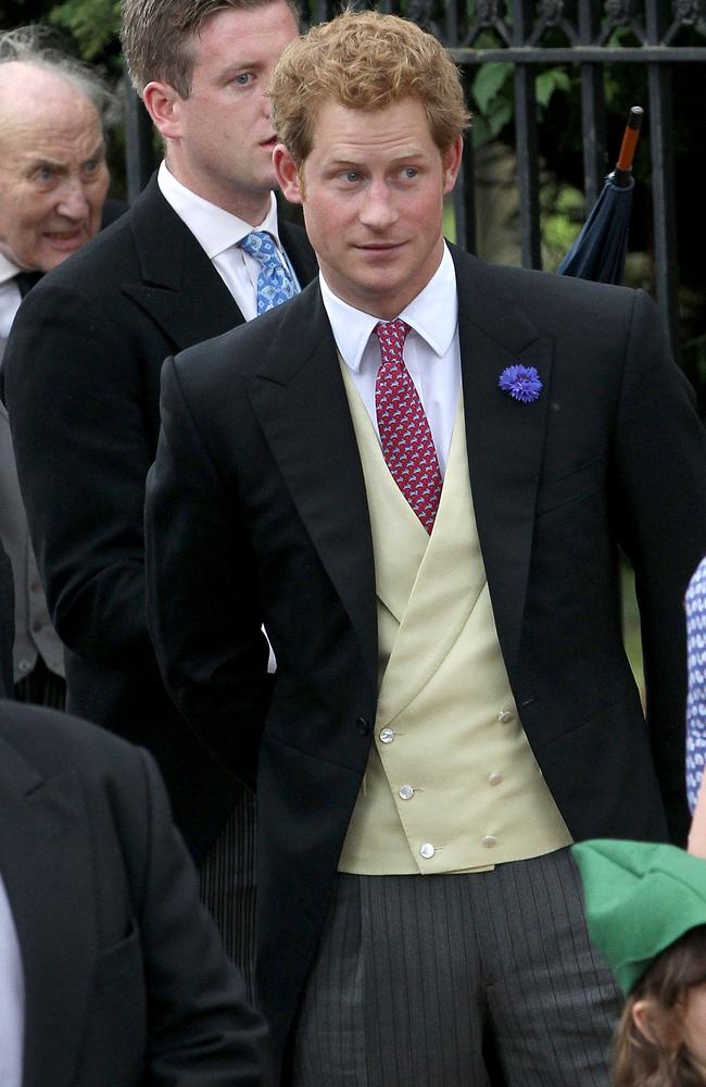 Prince Harry at the wedding of close friend Thomas van Straubenzee and Melissa Percy in 2013. Picture: Getty Images