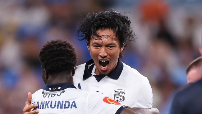 SYDNEY, AUSTRALIA – JANUARY 13: Hiroshi Ibusuki of Adelaide United celebrates with teammates after scoring his second goal during the A-League Men round 12 match between Adelaide United and Sydney FC at Allianz Stadium, on January 13, 2024, in Sydney, Australia. (Photo by Matt King/Getty Images)