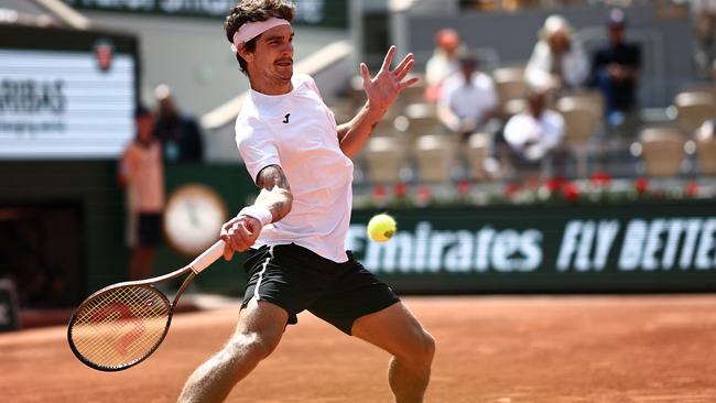 Brazil's Seyboth Wild plays a forehand return during his defeat of Russia’s Daniil Medvedev at the French Open. Wild was later question about alleged domestic violence in his past. Picture: AFP