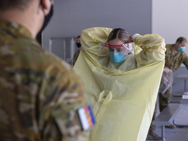 Australian Army soldiers, Signaller Matthew Hayne and Private Jessica Fitzsimons undertake pre-deployment training prior to assisting with aged care support in Queensland. Picture: ADF