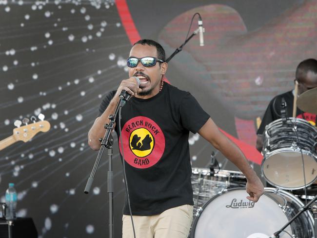 Indigenous band from the Nortehern Territory, Black Rock Band, perform on the main stage at Mona for Mona Foma. Picture: PATRICK GEE