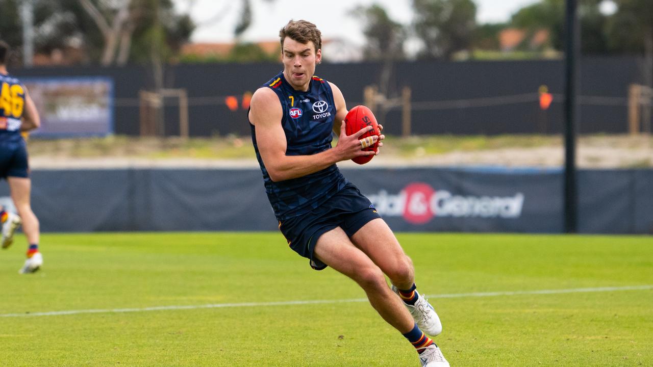 Riley Thilthorpe of the Adelaide Crows training at their home ground in West Lakes in Adelaide. (The Advertiser/ Morgan Sette)