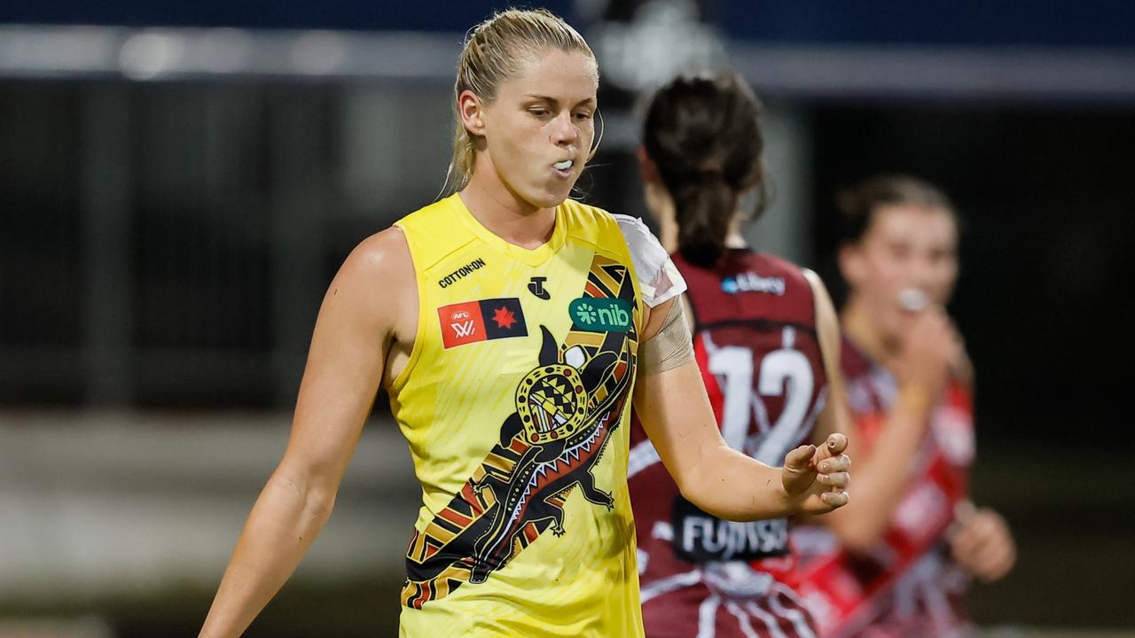 DARWIN, AUSTRALIA - OCTOBER 26: Katie Brennan, Captain of the Tigers reacts after the final siren during the 2024 AFLW Round 09 match between the Essendon Bombers and the Richmond Tigers at TIO Stadium on October 26, 2024 in Darwin, Australia. (Photo by Dylan Burns/AFL Photos via Getty Images)