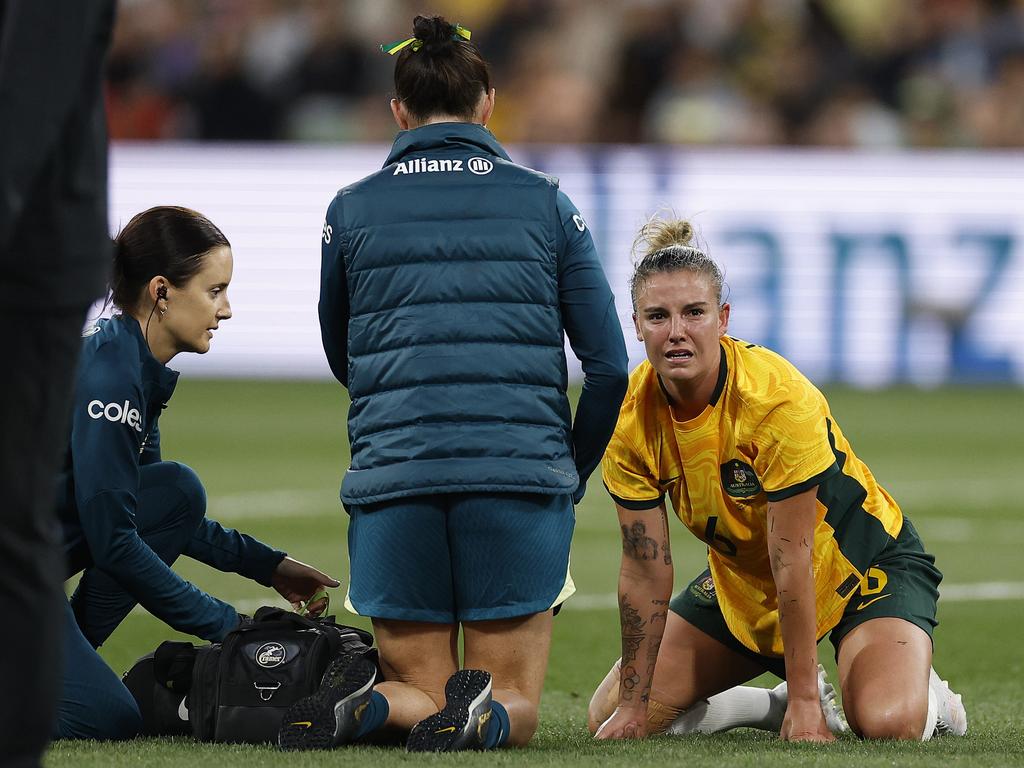 MELBOURNE, AUSTRALIA - DECEMBER 04: Chloe Logarzo of Australia reacts after a head clash with Chan Pi-Han of Chinese Taipei during the International Friendly match between Australia Matildas and Chinese Taipei at AAMI Park on December 04, 2024 in Melbourne, Australia. (Photo by Daniel Pockett/Getty Images)