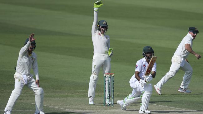 Australia's players appeal for the wicket of Fakhar Zaman. Picture: AP