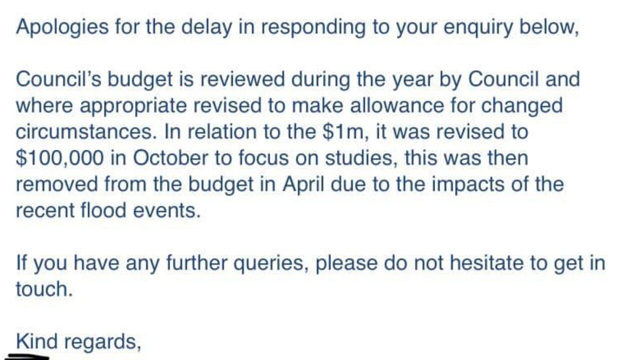 Daniel Green shared a screenshot of this email to Facebook, which detailed the $1M budget cut originally designated for Gympie sport.