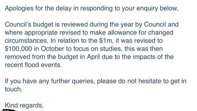 Daniel Green shared a screenshot of this email to Facebook, which detailed the $1M budget cut originally designated for Gympie sport. Photo: Facebook