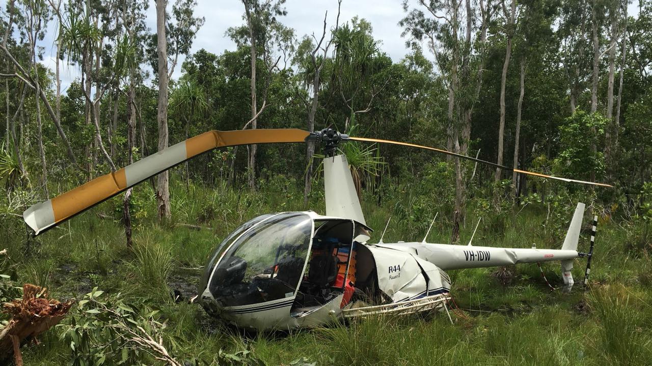 The crashed Robinson helicopter from which Chris 'Willow' Wilson had been dangling in a sling collecting crocodile eggs.