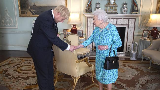 Queen Elizabeth II welcomes Boris Johnson during an audience at Buckingham Palace. Picture: Getty Images.