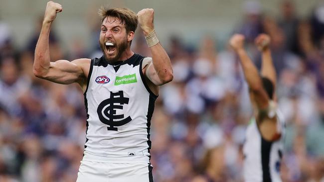 Dale Thomas celebrates Carlton’s win against Fremantle.