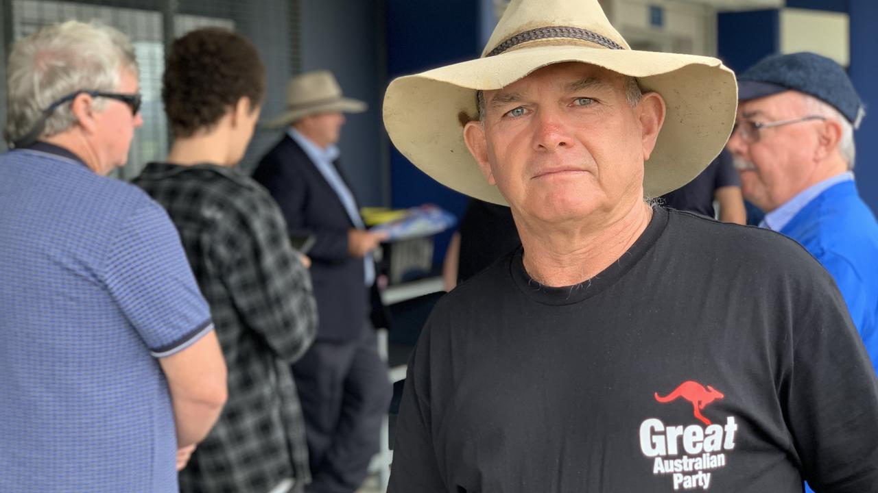 Great Australia Party candidate Jim Jackson at the Mackay Northern Beaches State High School voting booth. Federal election 2022. Saturday, May 21, 2022. Picture: Tara Miko