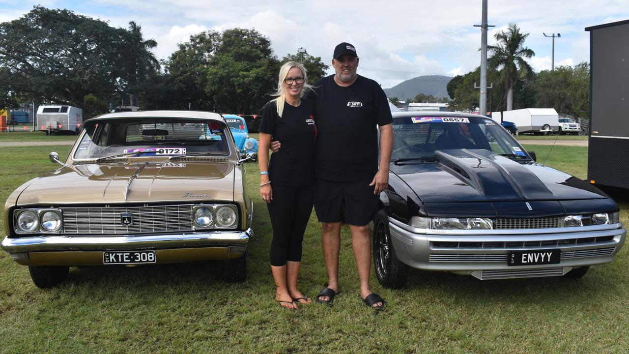 Partners Kate Steffan with her 1971 Holden HG Premier and Shane Page with his VL Calais at scrutineering for Rockynats 04 at the Rockhampton Showgrounds on March 28, 2024.