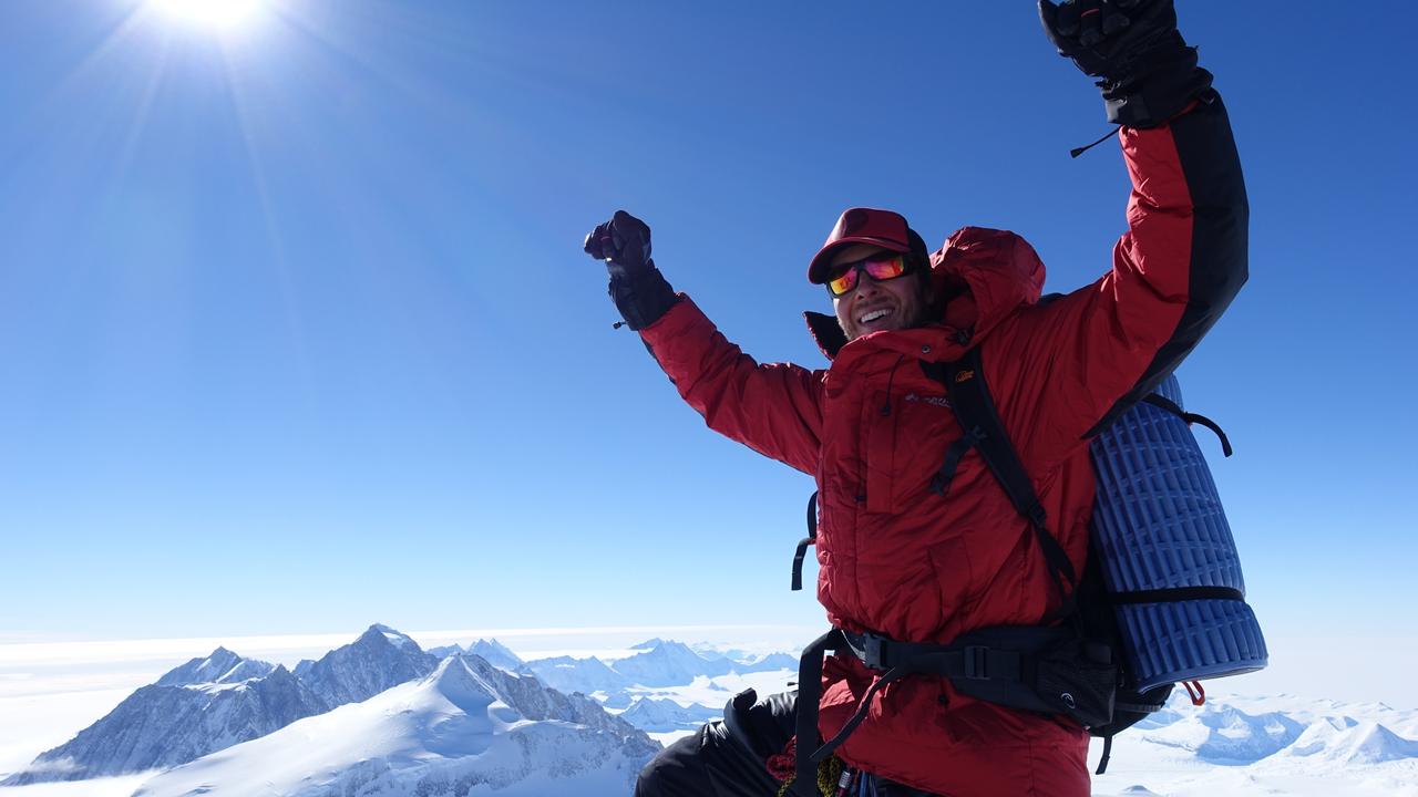 Daniel Bull is the world-record holder for youngest person to climb the seven summits and seven volcanoes challenge. He is standing on the summit of Mount Vinson, the top of Antarctica. Picture: supplied