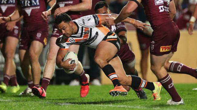 David Nofoaluma is the Tigers’ main strike weapon. Picture: Cameron Spencer/Getty Images