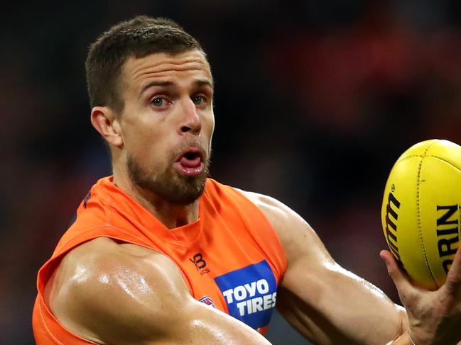 SYDNEY, AUSTRALIA - JULY 20: Brett Deledio of the Giants handpasses during the Greater Western Sydney Giants and the Collingwood Magpies at GIANTS Stadium on July 20, 2019 in Sydney, Australia. (Photo by Cameron Spencer/Getty Images)