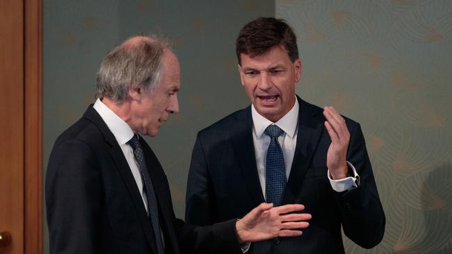 Australian Chief Scientist Alan Finkel, who developed the hydrogen strategy, and Federal Energy and Emissions Reduction Minister Angus Taylor in Perth. Picture: AAP Image/Richard Wainwright