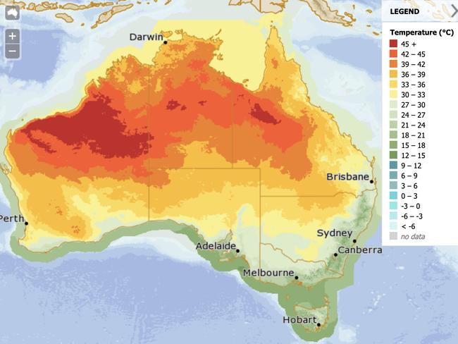 Maximum temperatures across Australia on NYE. Picture: BOM.