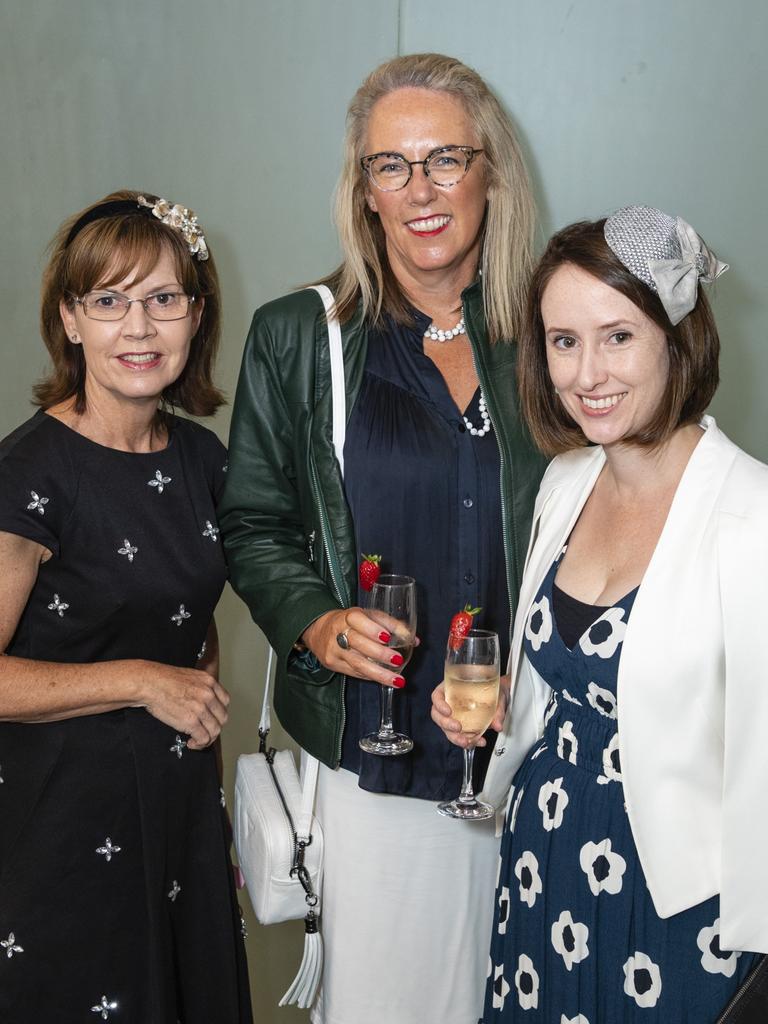 At the Melbourne Cup luncheon are (from left) Jody Ross, Michelle McVeigh and Anneliese Seymour hosted by Rotary Club of Toowoomba City raising funds for Protea Place, Tuesday, November 1, 2022. Picture: Kevin Farmer