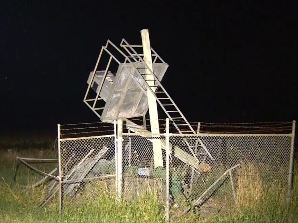 A vehicle was reportedly upside down after smashing into a power pole on the D’Aguilar Hwy in Nanango. Picture: 9News.