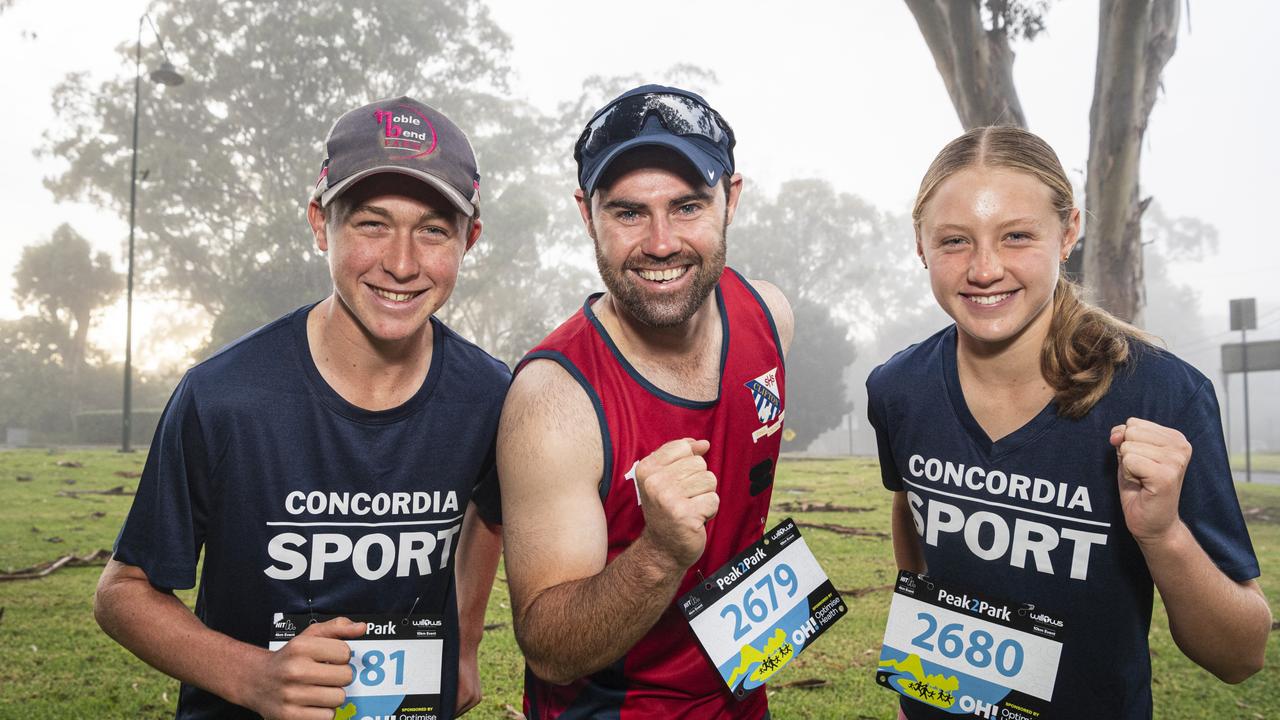 Anthony Rixon with his kids Austin and Arabella Knopke at Peak2Park, Sunday, March 3, 2024. Picture: Kevin Farmer