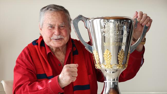 Ron Barassi with the 2021 premiership cup won be his beloved Demons. Picture: David Caird