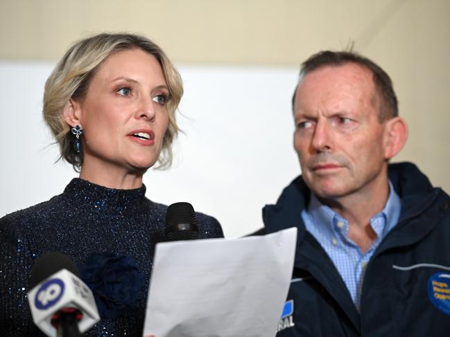 Liberal Candidate for Warringah, Katherine Deves and former prime minister Tony Abbott during the concession speech at her election party at Balgowlah Bowling Club. Picture: Jeremy Piper