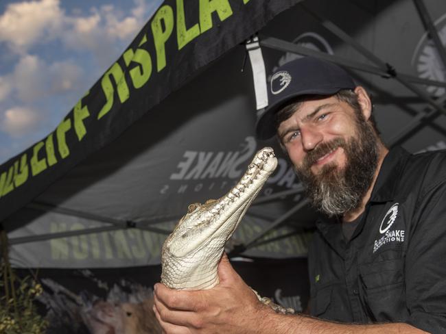 Mike Alexander &amp; Fluffy the freshwater crocodile from Black Snake Productions entertaining showgoers at the Mildura Show 2024. Picture: Noel Fisher