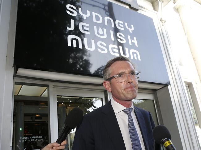 Premier Dominic Perrottet outside the Sydney Jewish Museum after confessing to wearing a Nazi uniform to his 21st Birthday. Picture: John Appleyard