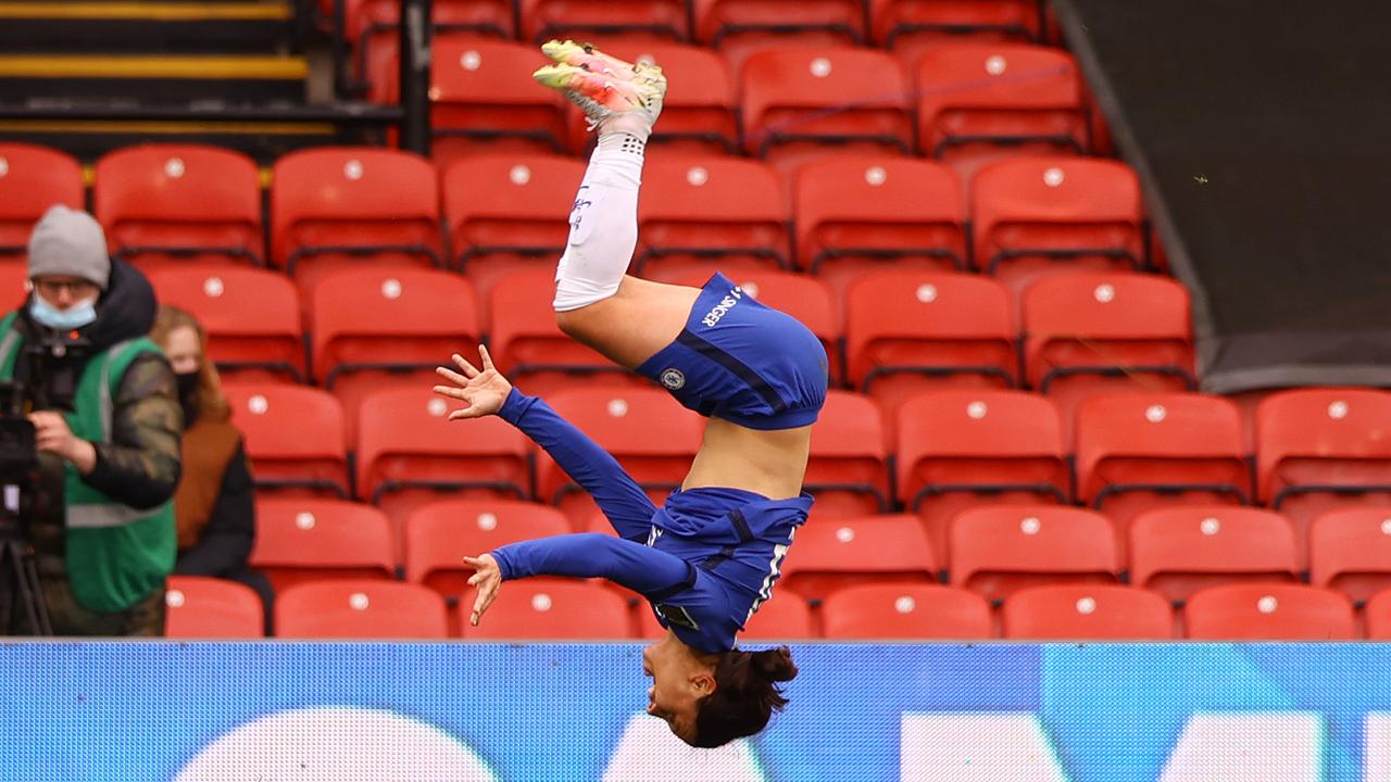 Sam Kerr with a signature backflip. (Photo by Naomi Baker/Getty Images)