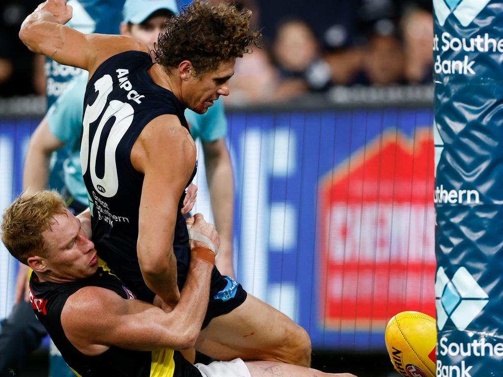 Nick Vlastuin’s desperate tackle on Charlie Curnow in round 1. Picture: Getty Images