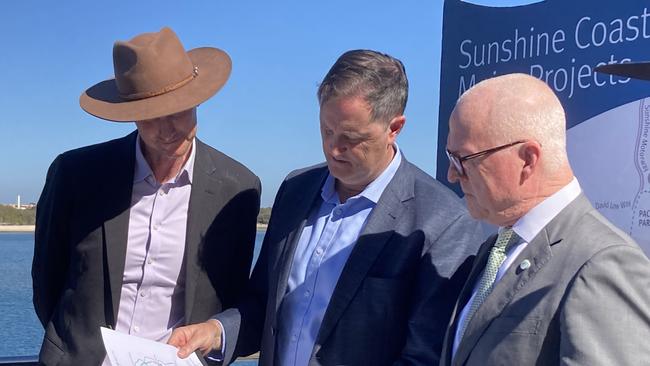 Transport Minister Mark Bailey, Caloundra MP Jason Hunt and Sunshine Coast Mayor Mark Jamieson at Bulcock Beach on July 11, 2023. Photo: Elizabeth Neil