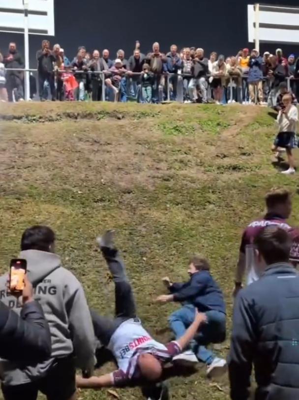 Screenshot posted on the Instagram showing NRL fans at Brookvale oval participating in an impromptu run it straight. Picture: Instagram/@creaturesofmanly