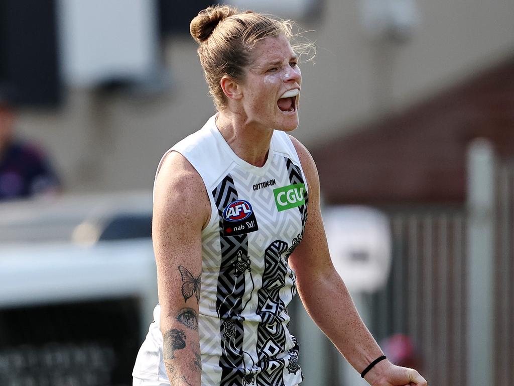 Brianna Davey of the Magpies celebrates her goal in the final quarter. Picture: Michael Klein