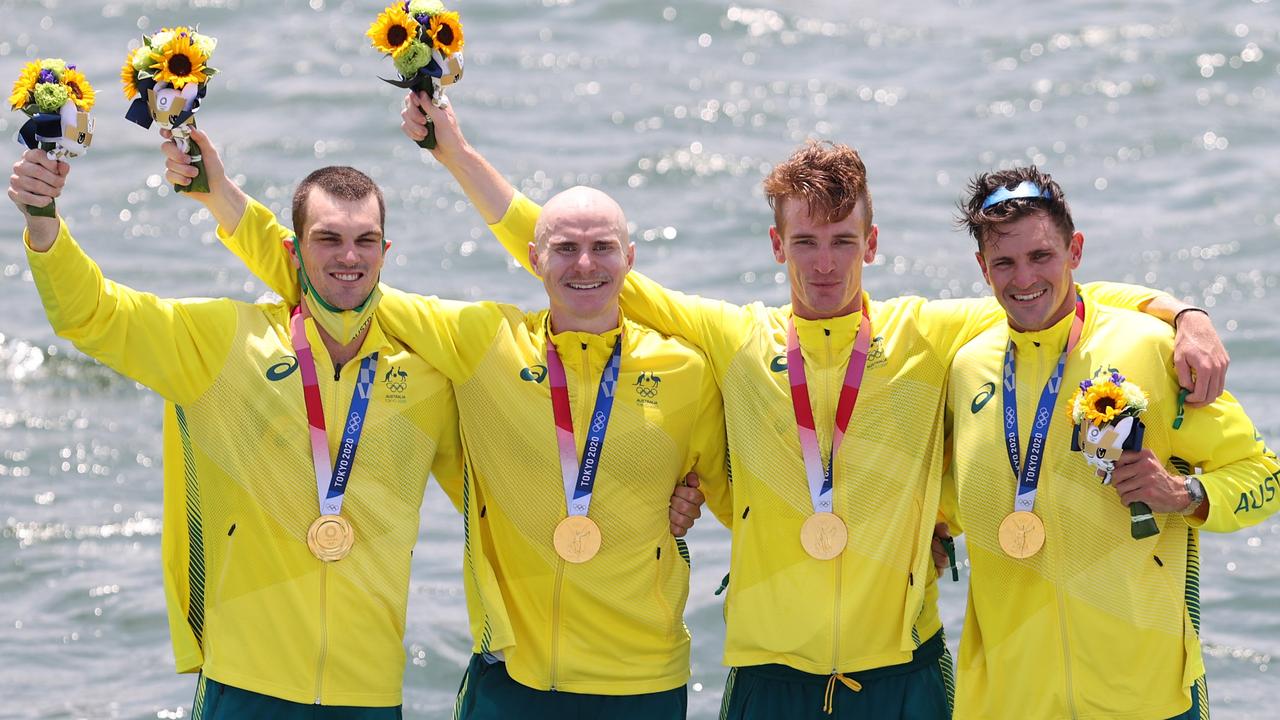 Gold medallists Alexander Purnell, Spencer Turrin, Jack Hargreaves and Alexander Hill of Team Australia pose with their medals during the medal ceremony for the men's four final A on day five of the Tokyo 2020 Olympic Games at Sea Forest Waterway, July 28, 2021 in Tokyo, Japan. Their win ended Great Britain’s winning streak that began back at the Sydney 2000 Games. Picture: Julian Finney/Getty Images.