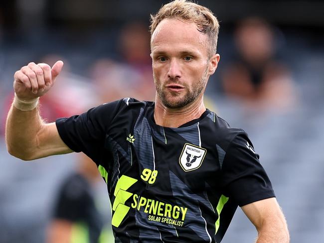 SYDNEY, AUSTRALIA - FEBRUARY 09: Valere Germain of the Bulls warms up prior to the round 18 A-League Men match between Macarthur FC and Western United at Campbelltown Stadium, on February 09, 2025, in Sydney, Australia. (Photo by Brendon Thorne/Getty Images)