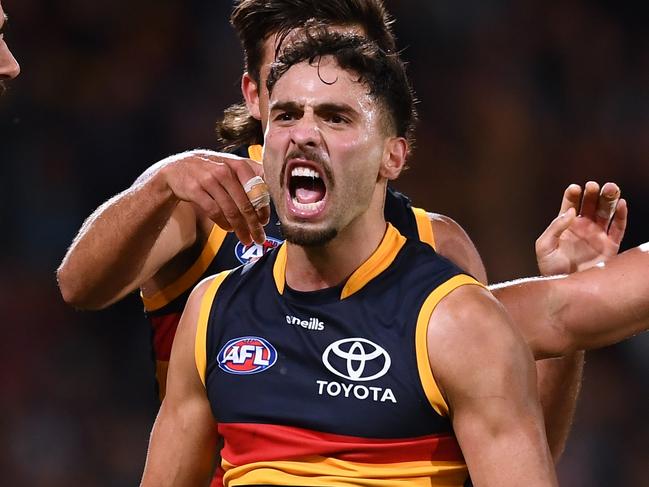 ADELAIDE, AUSTRALIA - APRIL 01: Izak Rankine of the Crows celebrates a goal during the round three AFL match between Port Adelaide Power and Adelaide Crows at Adelaide Oval, on April 01, 2023, in Adelaide, Australia. (Photo by Mark Brake/Getty Images)