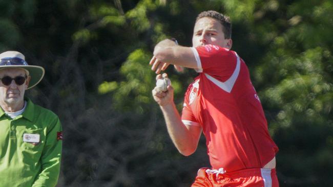 MPCA Round 1 cricket: Baden Powell v Old Peninsula. Baden Powell bowler Zacc Klan. Picture: Valeriu Campan