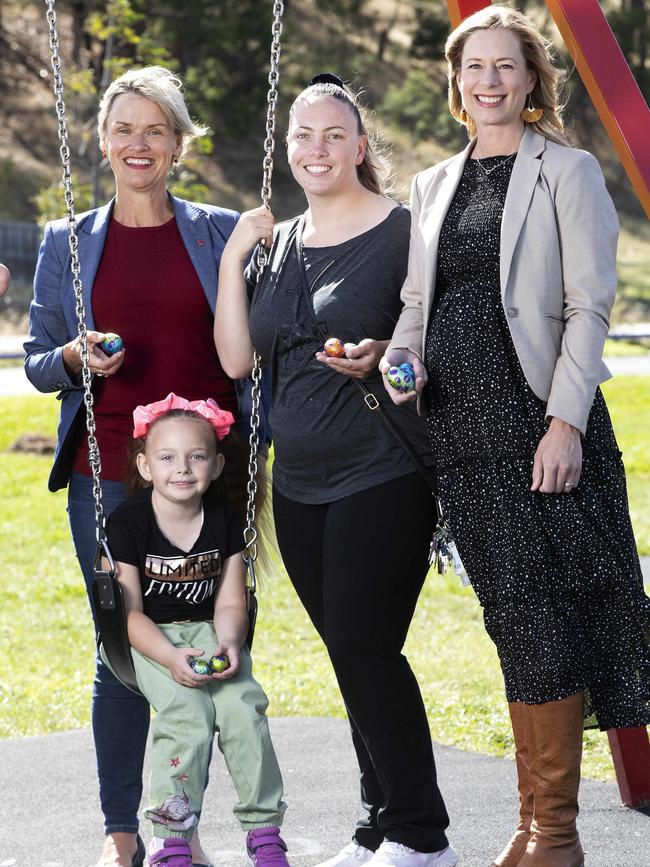 Labor MP Jen Butler, left, Brooklyn Pregnell, 6, Rachael Allen and Labor leader Rebecca White at Cris Fitzpatrick Park in Gagebrook. Picture: Chris Kidd