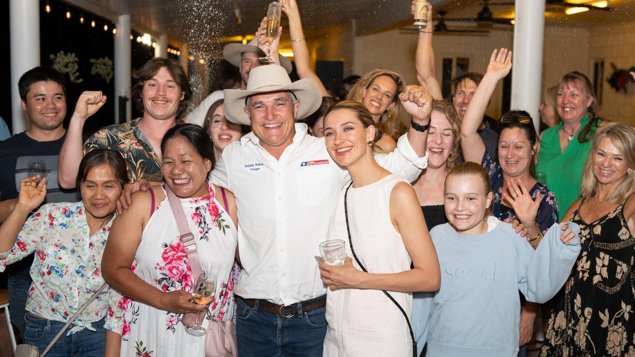 KAP leader and member for Traeger Robbie Katter in Mount Isa alongside his wife Daisy and supporters at his State Election party. Photo: Joanna Giemza-Meehan.