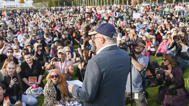 Prime Minister Anthony Albanese was booed and cheered at the No More rally in Canberra. Picture: NCA NewsWire / Martin Ollman