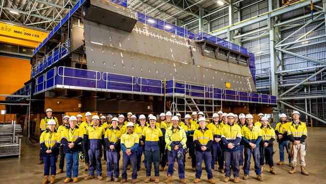 The first steel prototype block has been constructed by shipbuilders working on the Hunter-class frigate program. Picture: James Elsby/ BAE Systems Australia